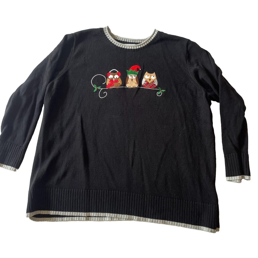 CJ Banks Sweater 3X Plus Black Holiday Owls Christmas Cotton Knit Ugly Buttons